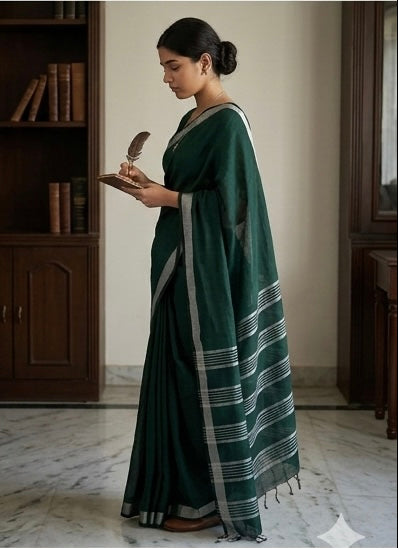 Woman in a dark green saree with white stripes holding a feather in a room.