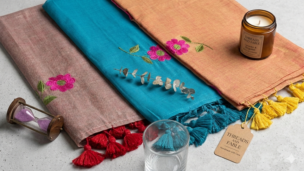 Three saree in different colors with embroidered flowers and tassels, accompanied by a candle and hourglass on a light background.