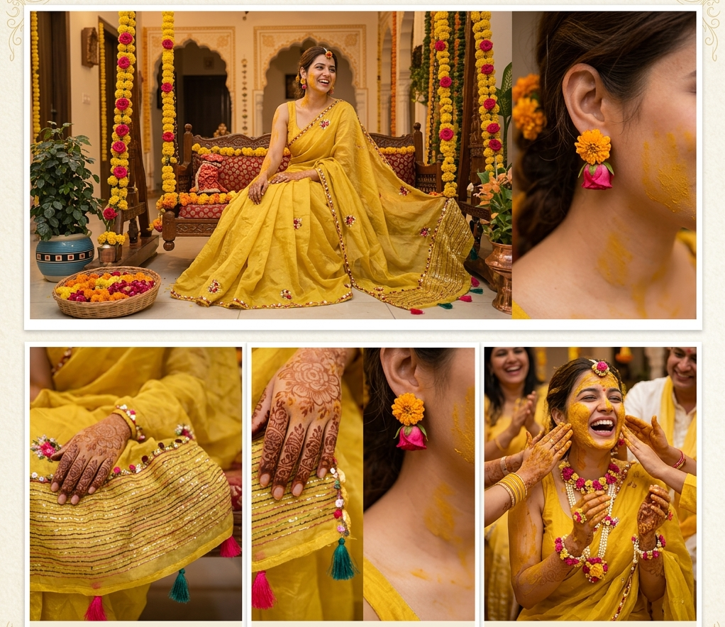 Woman in a yellow saree with floral decorations and jewelry, celebrating a Gucci Silk Haldi Collection event.