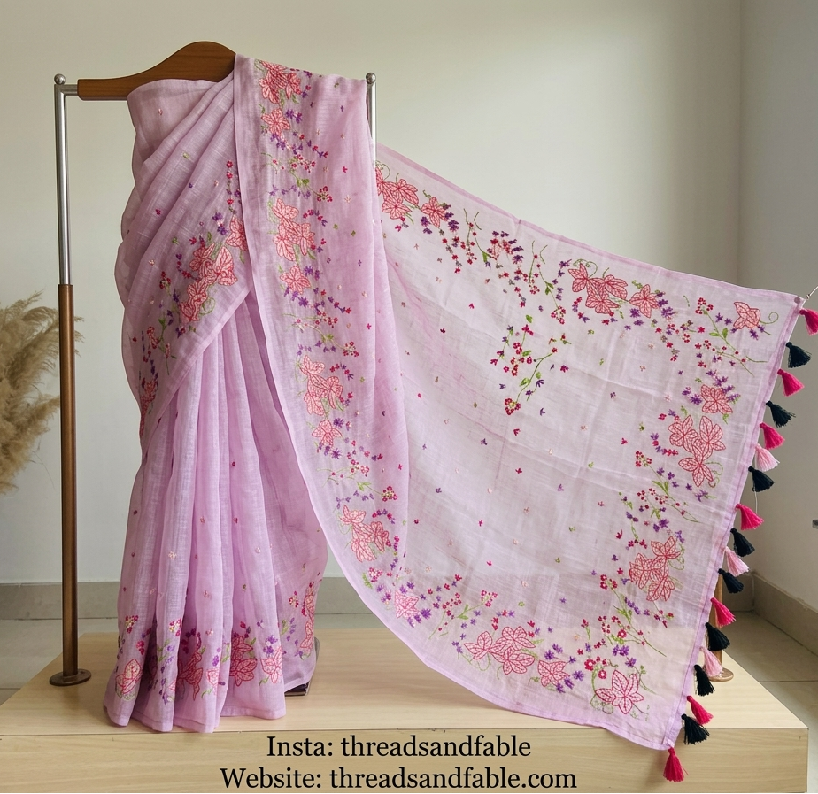 Pink saree with floral patterns and tassels on a wooden stand against a neutral wall.