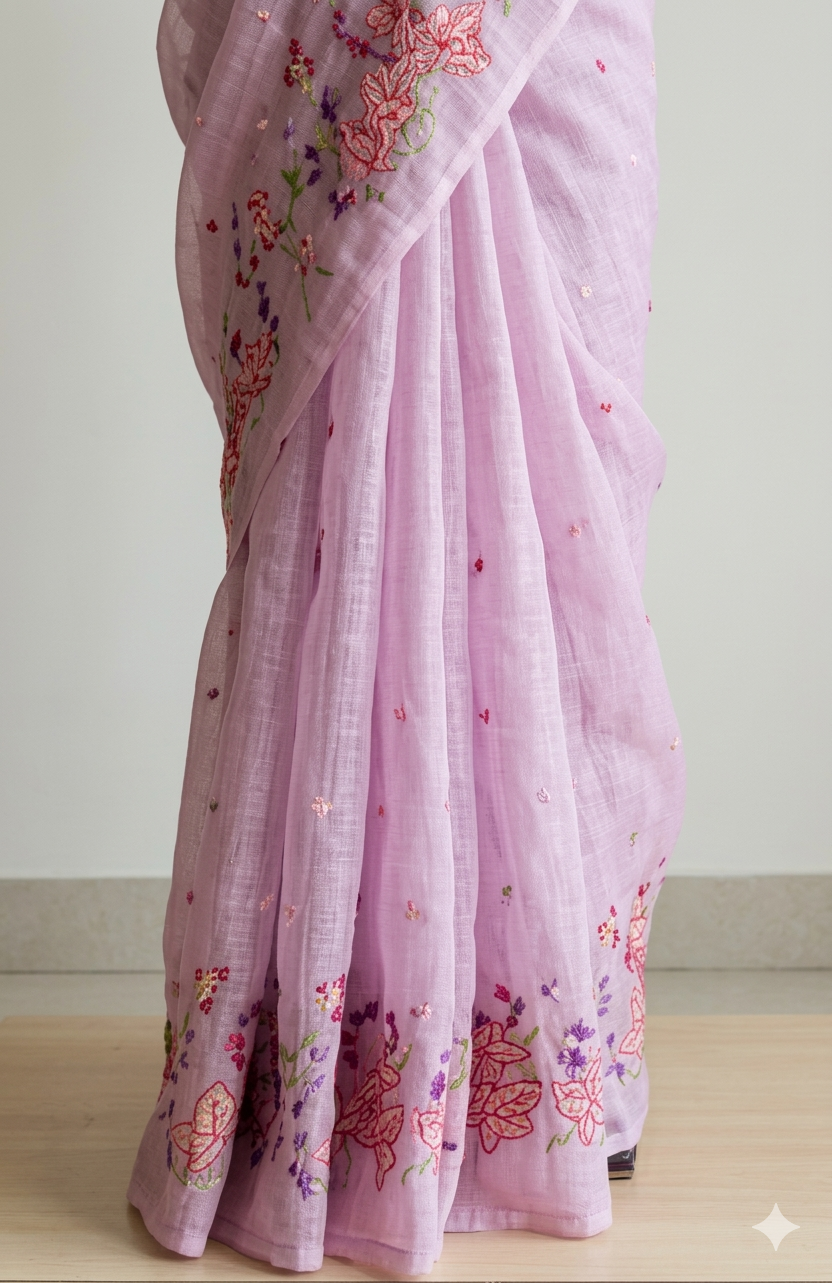 Pink saree with floral embroidery on a neutral background